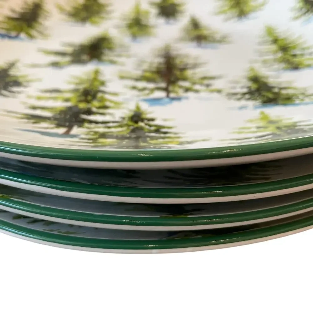 Christmas Pine Tree Dinner Plates 10.5in Ceramic Set of 2 by Global Design New